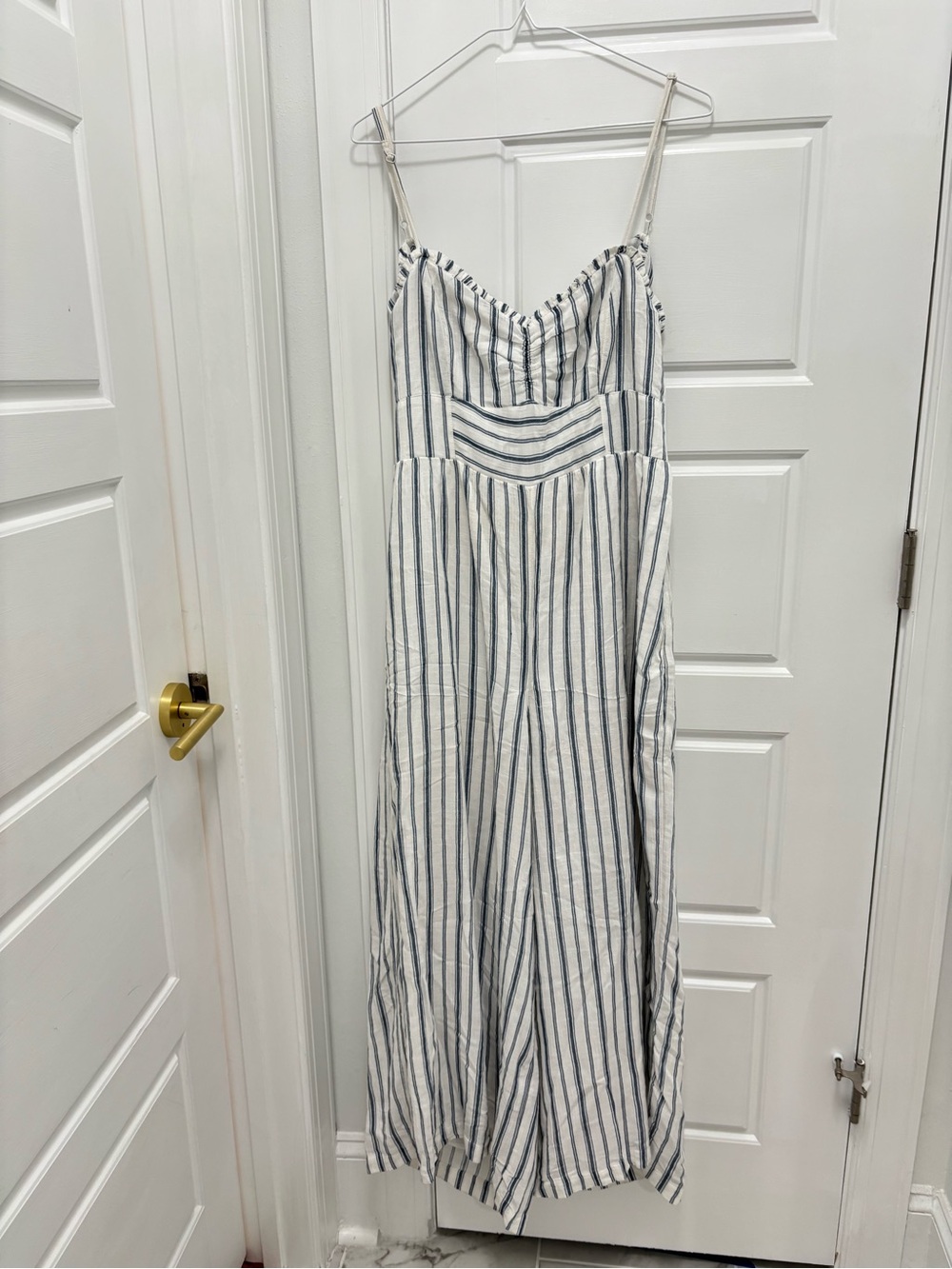 American Eagle Outfitters White and Navy Striped Sleeveless Jumpsuit